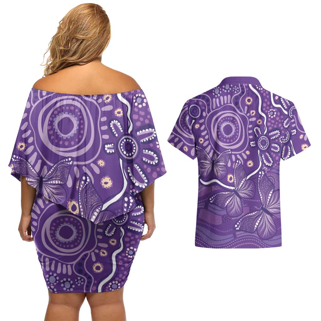 Australia Lupus Awareness Indigenous Couples Matching Off Shoulder Short Dress and Hawaiian Shirt Purple Ribbon Aboriginal Butterflies
