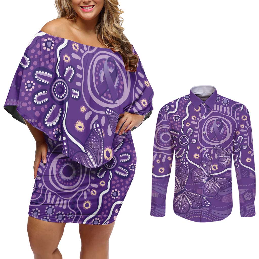 Australia Lupus Awareness Indigenous Couples Matching Off Shoulder Short Dress and Long Sleeve Button Shirt Purple Ribbon Aboriginal Butterflies