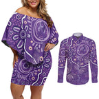 Australia Lupus Awareness Indigenous Couples Matching Off Shoulder Short Dress and Long Sleeve Button Shirt Purple Ribbon Aboriginal Butterflies