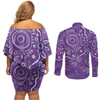 Australia Lupus Awareness Indigenous Couples Matching Off Shoulder Short Dress and Long Sleeve Button Shirt Purple Ribbon Aboriginal Butterflies