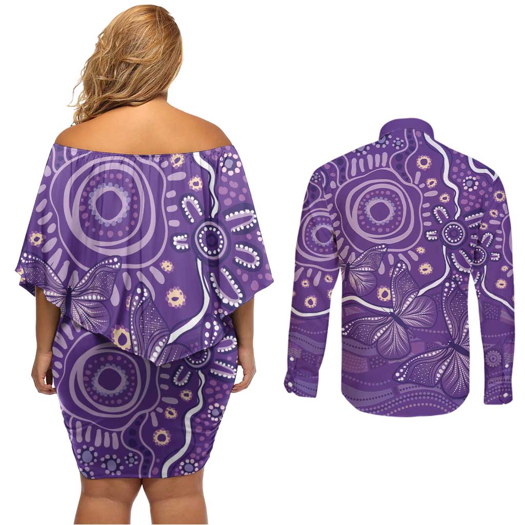 Australia Lupus Awareness Indigenous Couples Matching Off Shoulder Short Dress and Long Sleeve Button Shirt Purple Ribbon Aboriginal Butterflies