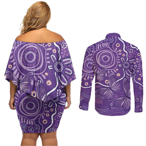 Australia Lupus Awareness Indigenous Couples Matching Off Shoulder Short Dress and Long Sleeve Button Shirt Purple Ribbon Aboriginal Butterflies