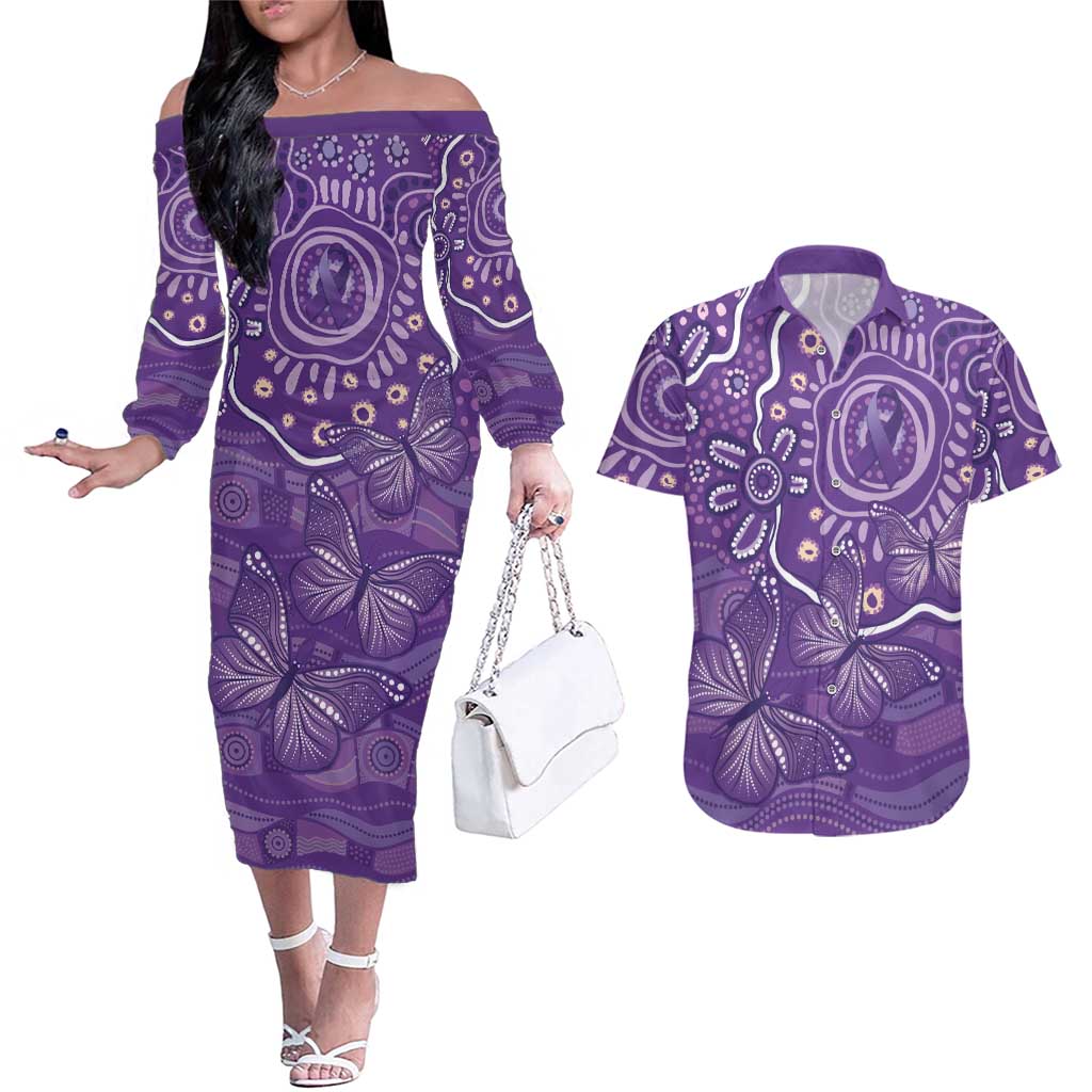 Australia Lupus Awareness Indigenous Couples Matching Off The Shoulder Long Sleeve Dress and Hawaiian Shirt Purple Ribbon Aboriginal Butterflies