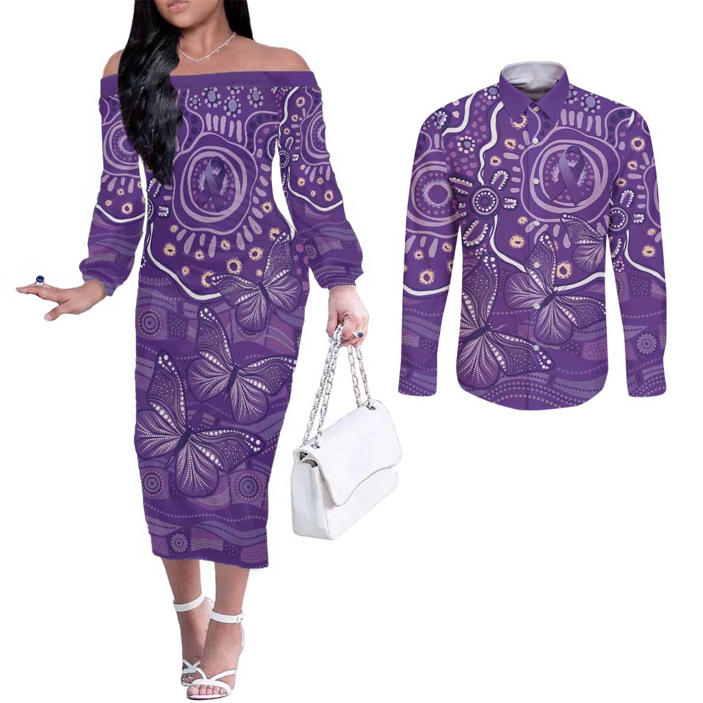 Australia Lupus Awareness Indigenous Couples Matching Off The Shoulder Long Sleeve Dress and Long Sleeve Button Shirt Purple Ribbon Aboriginal Butterflies