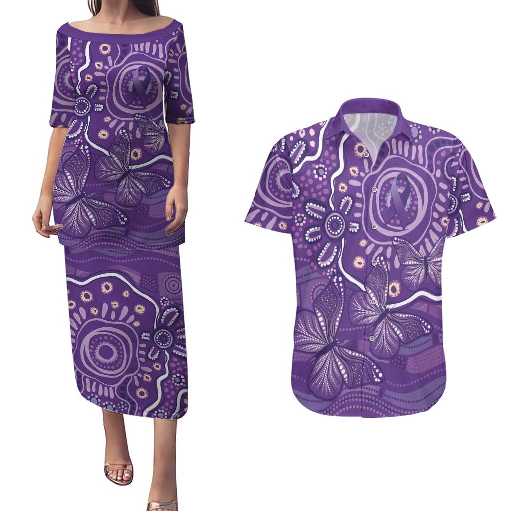 Australia Lupus Awareness Indigenous Couples Matching Puletasi and Hawaiian Shirt Purple Ribbon Aboriginal Butterflies