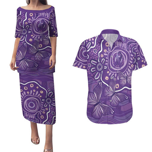 Australia Lupus Awareness Indigenous Couples Matching Puletasi and Hawaiian Shirt Purple Ribbon Aboriginal Butterflies