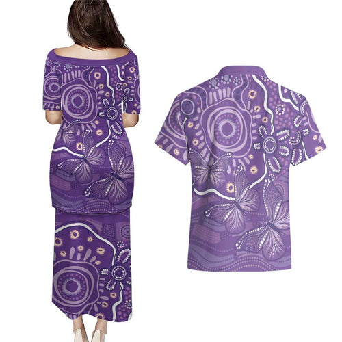 Australia Lupus Awareness Indigenous Couples Matching Puletasi and Hawaiian Shirt Purple Ribbon Aboriginal Butterflies