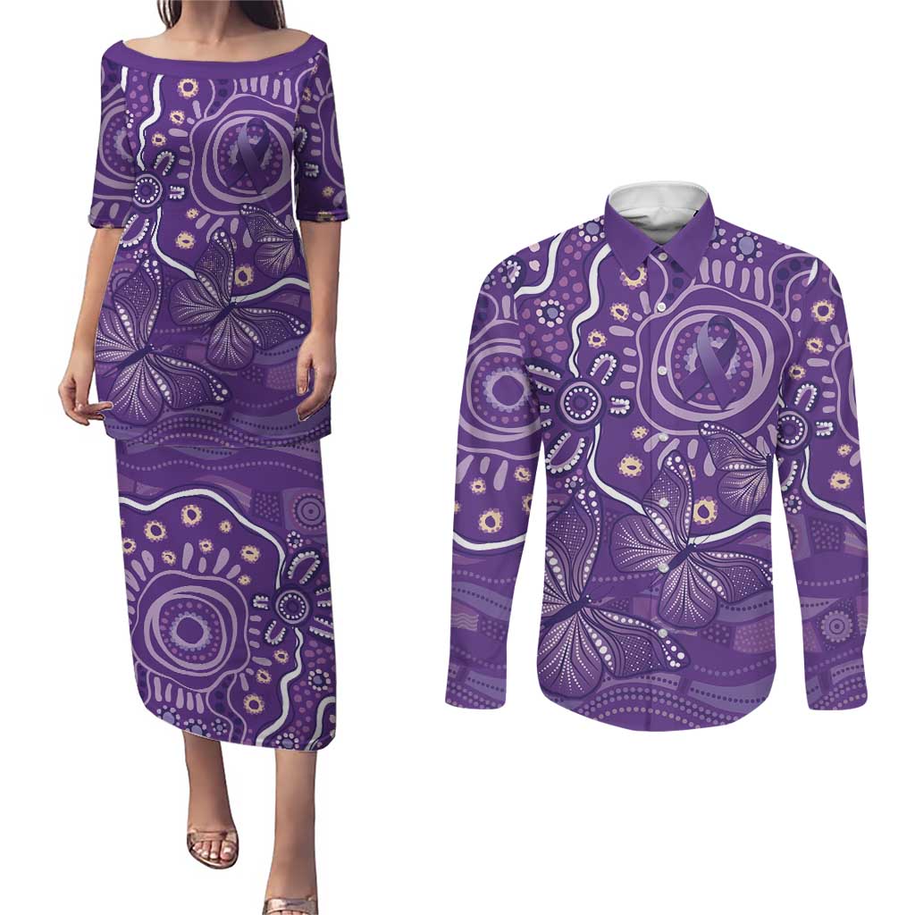Australia Lupus Awareness Indigenous Couples Matching Puletasi and Long Sleeve Button Shirt Purple Ribbon Aboriginal Butterflies