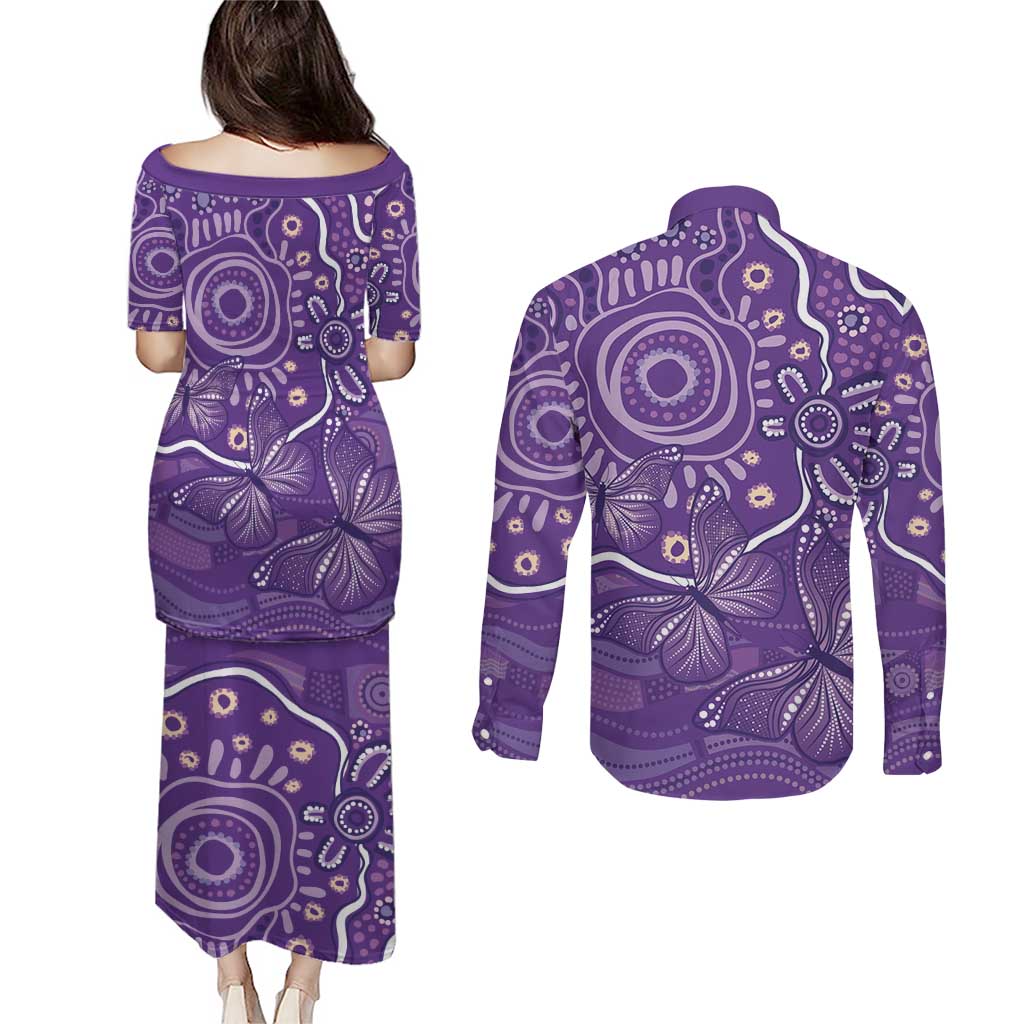 Australia Lupus Awareness Indigenous Couples Matching Puletasi and Long Sleeve Button Shirt Purple Ribbon Aboriginal Butterflies
