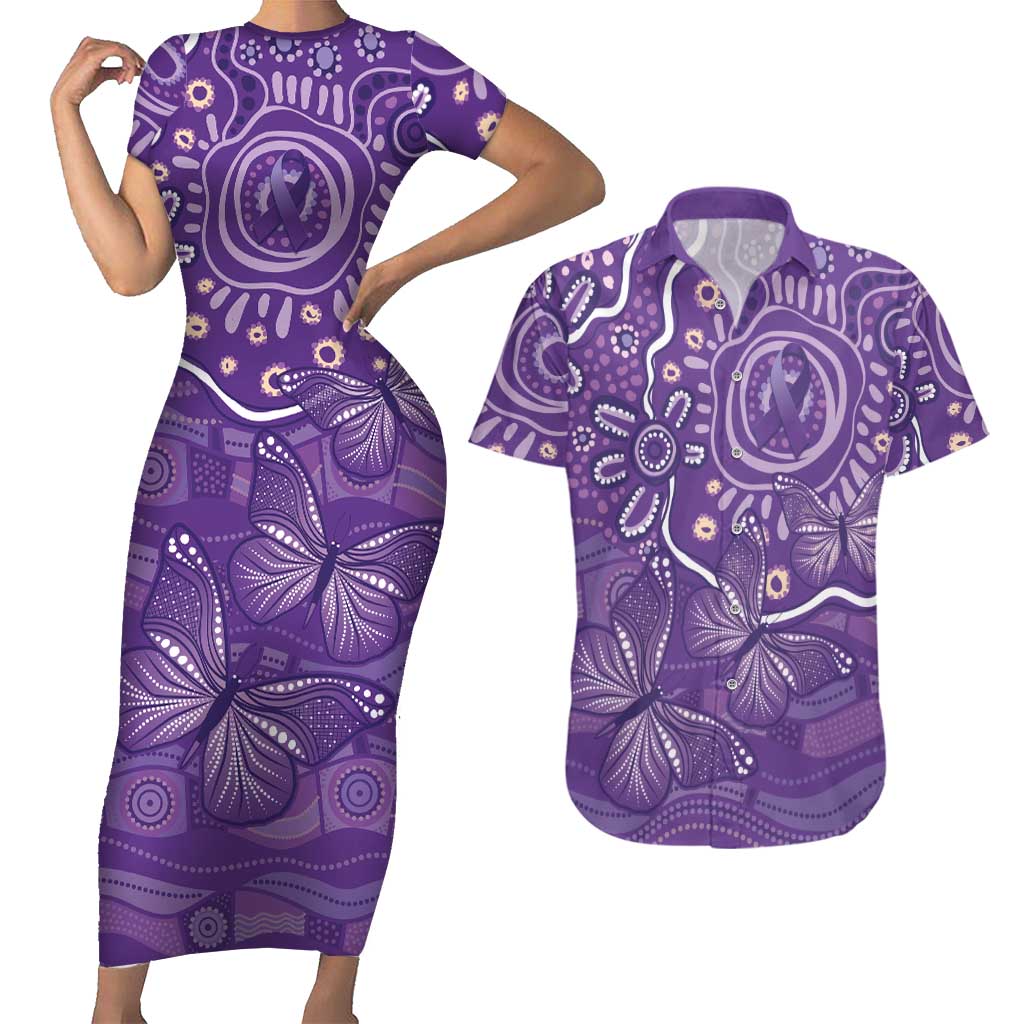 Australia Lupus Awareness Indigenous Couples Matching Short Sleeve Bodycon Dress and Hawaiian Shirt Purple Ribbon Aboriginal Butterflies