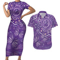 Australia Lupus Awareness Indigenous Couples Matching Short Sleeve Bodycon Dress and Hawaiian Shirt Purple Ribbon Aboriginal Butterflies