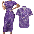 Australia Lupus Awareness Indigenous Couples Matching Short Sleeve Bodycon Dress and Hawaiian Shirt Purple Ribbon Aboriginal Butterflies