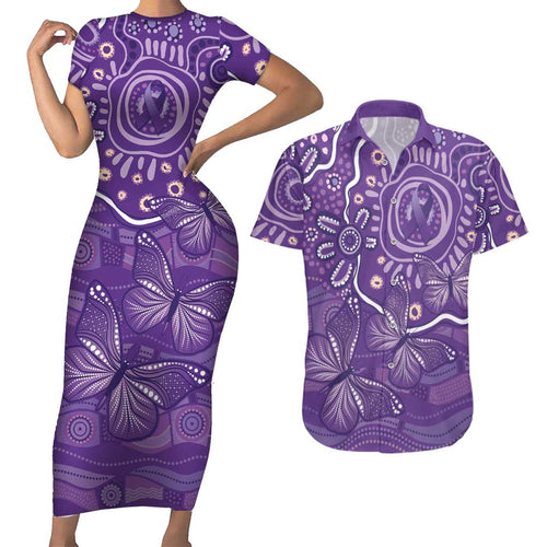 Australia Lupus Awareness Indigenous Couples Matching Short Sleeve Bodycon Dress and Hawaiian Shirt Purple Ribbon Aboriginal Butterflies