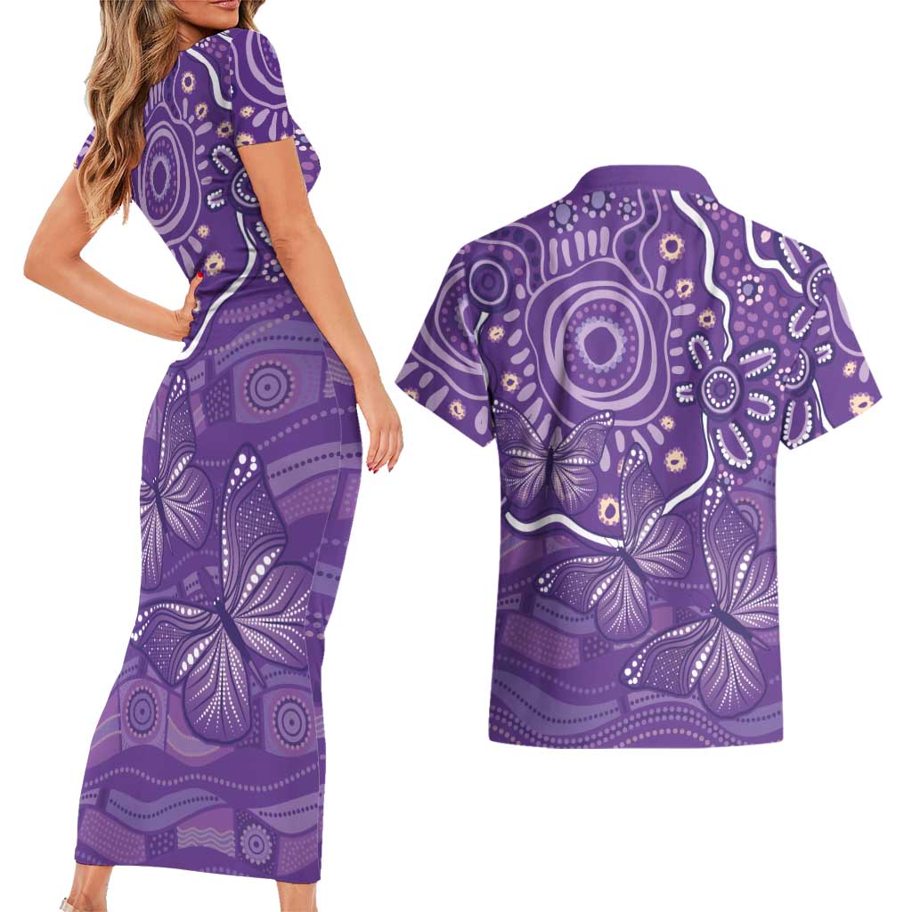 Australia Lupus Awareness Indigenous Couples Matching Short Sleeve Bodycon Dress and Hawaiian Shirt Purple Ribbon Aboriginal Butterflies