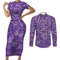 Australia Lupus Awareness Indigenous Couples Matching Short Sleeve Bodycon Dress and Long Sleeve Button Shirt Purple Ribbon Aboriginal Butterflies