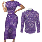 Australia Lupus Awareness Indigenous Couples Matching Short Sleeve Bodycon Dress and Long Sleeve Button Shirt Purple Ribbon Aboriginal Butterflies