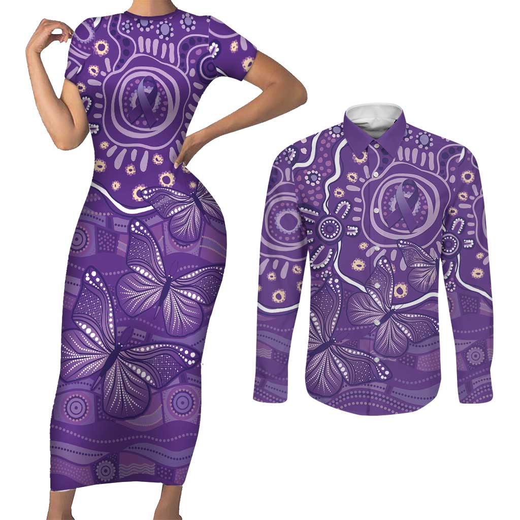 Australia Lupus Awareness Indigenous Couples Matching Short Sleeve Bodycon Dress and Long Sleeve Button Shirt Purple Ribbon Aboriginal Butterflies