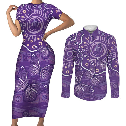 Australia Lupus Awareness Indigenous Couples Matching Short Sleeve Bodycon Dress and Long Sleeve Button Shirt Purple Ribbon Aboriginal Butterflies