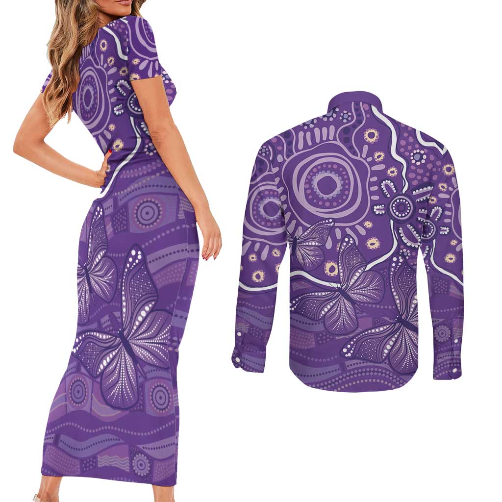 Australia Lupus Awareness Indigenous Couples Matching Short Sleeve Bodycon Dress and Long Sleeve Button Shirt Purple Ribbon Aboriginal Butterflies
