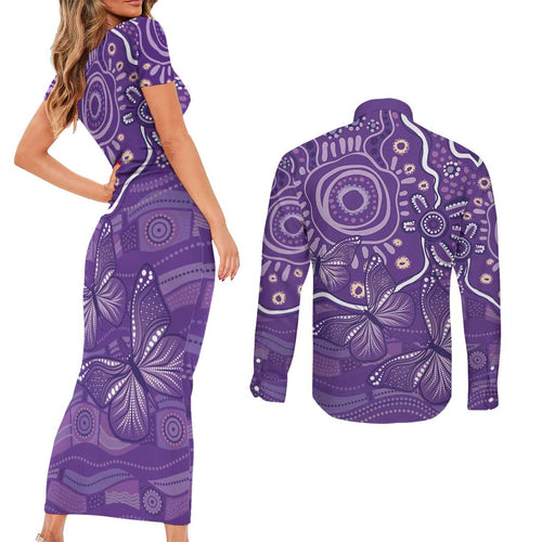 Australia Lupus Awareness Indigenous Couples Matching Short Sleeve Bodycon Dress and Long Sleeve Button Shirt Purple Ribbon Aboriginal Butterflies
