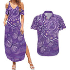 Australia Lupus Awareness Indigenous Couples Matching Summer Maxi Dress and Hawaiian Shirt Purple Ribbon Aboriginal Butterflies