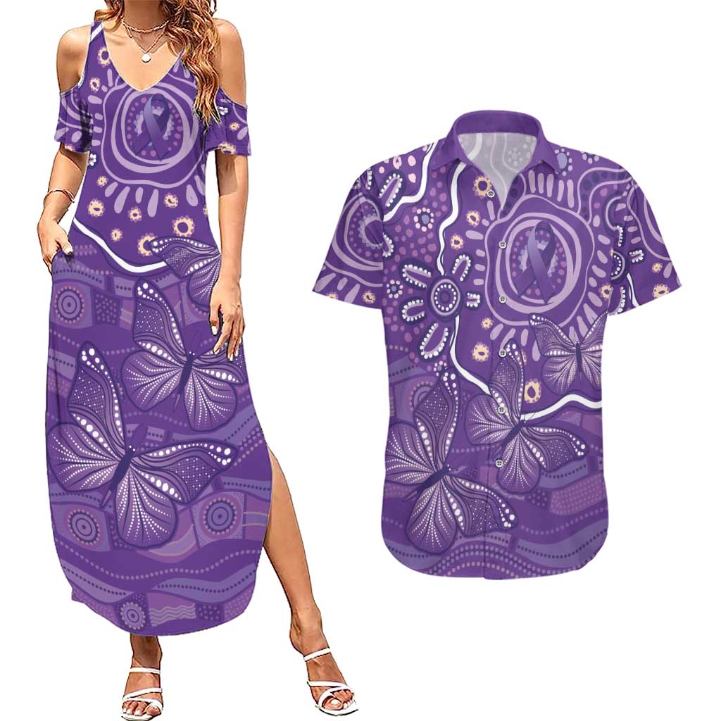 Australia Lupus Awareness Indigenous Couples Matching Summer Maxi Dress and Hawaiian Shirt Purple Ribbon Aboriginal Butterflies