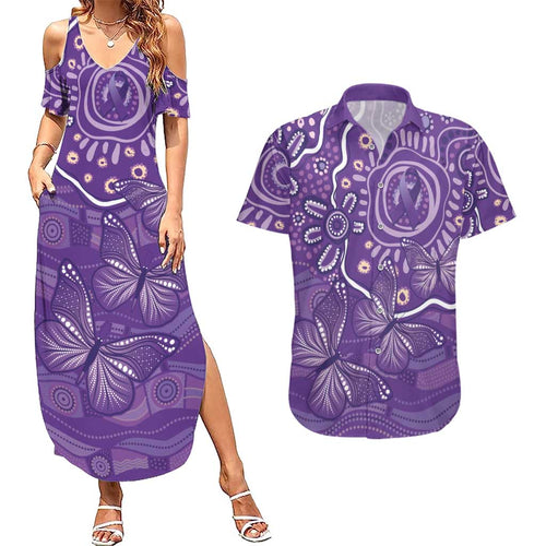Australia Lupus Awareness Indigenous Couples Matching Summer Maxi Dress and Hawaiian Shirt Purple Ribbon Aboriginal Butterflies