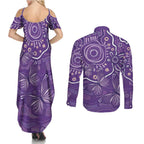 Australia Lupus Awareness Indigenous Couples Matching Summer Maxi Dress and Long Sleeve Button Shirt Purple Ribbon Aboriginal Butterflies
