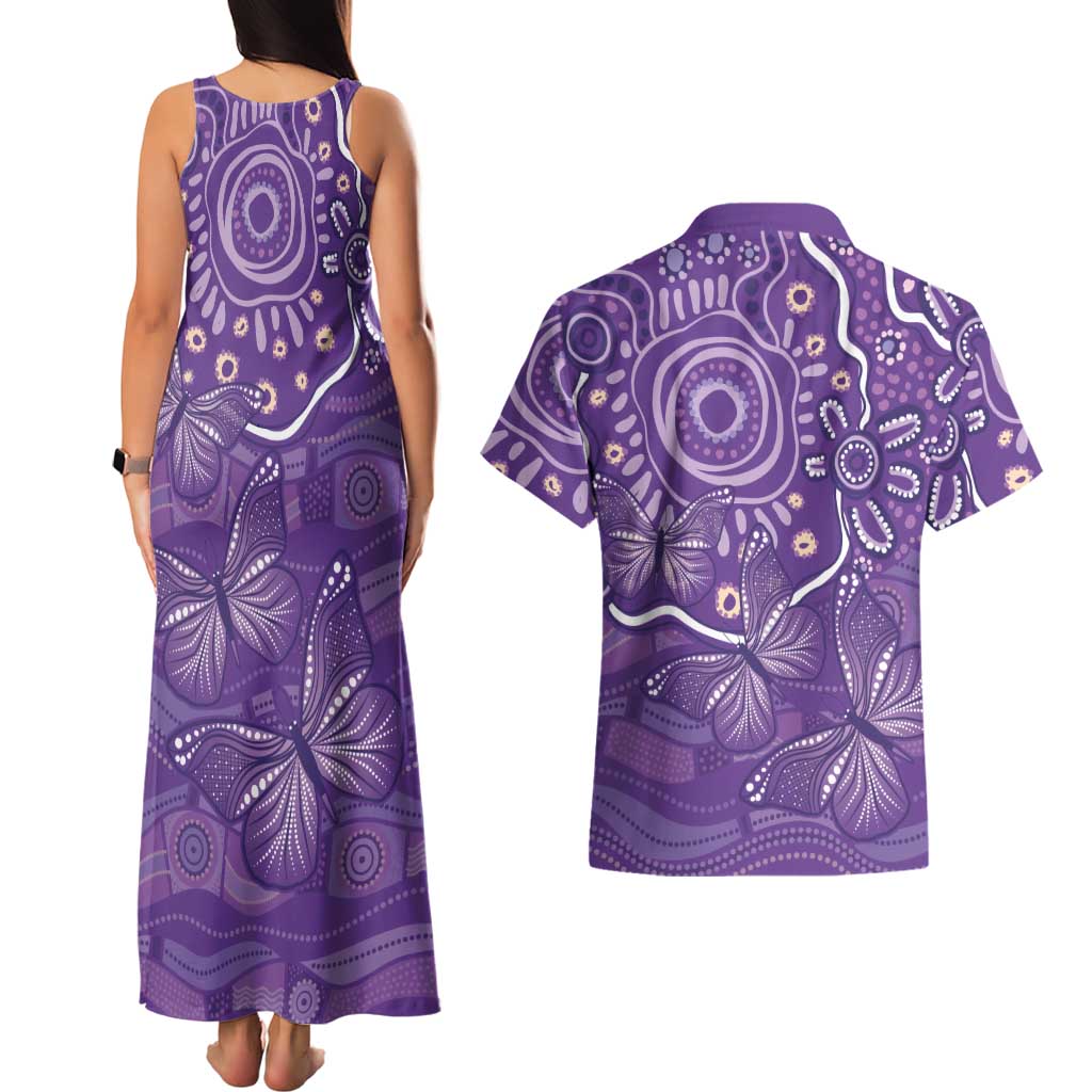 Australia Lupus Awareness Indigenous Couples Matching Tank Maxi Dress and Hawaiian Shirt Purple Ribbon Aboriginal Butterflies