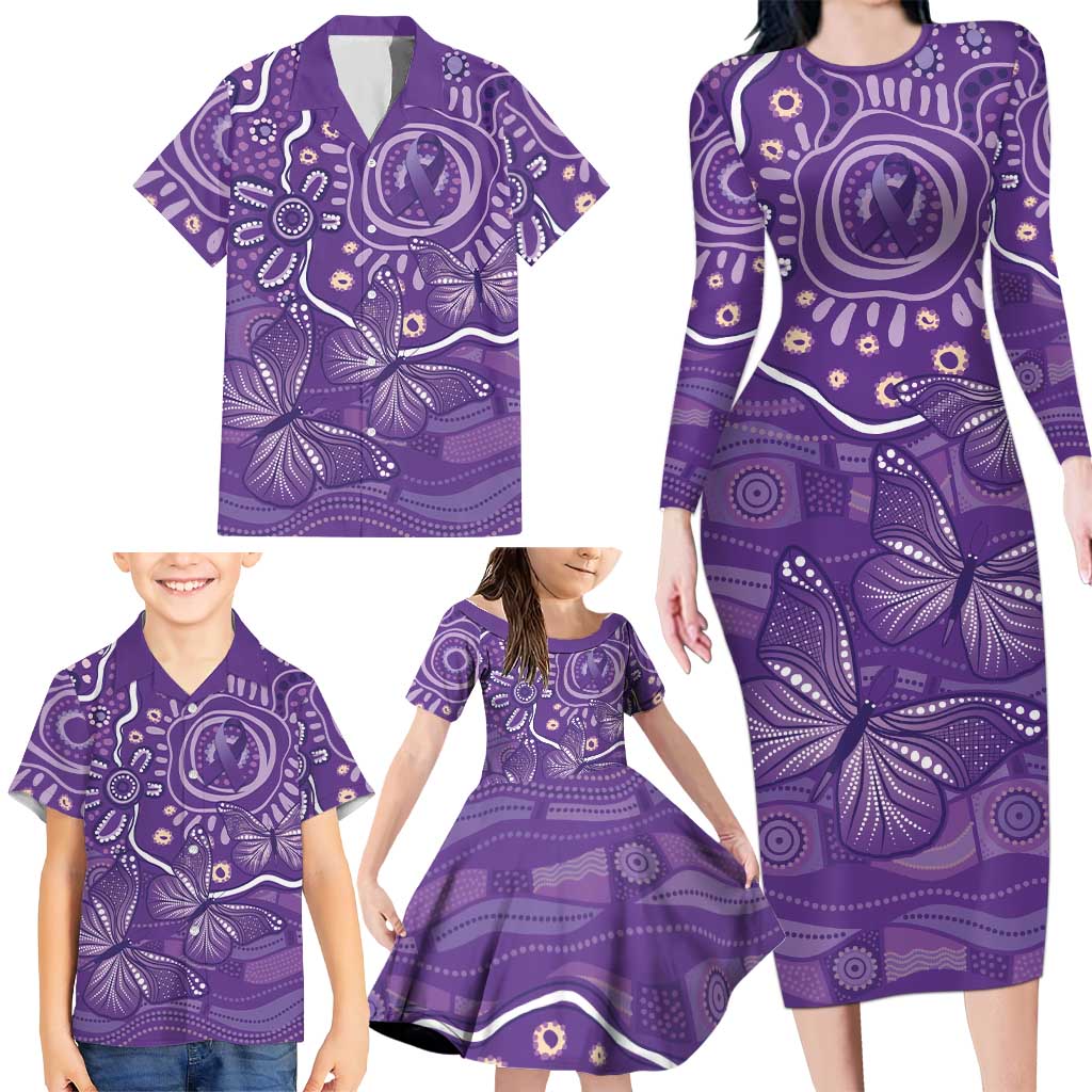Australia Lupus Awareness Indigenous Family Matching Long Sleeve Bodycon Dress and Hawaiian Shirt Purple Ribbon Aboriginal Butterflies
