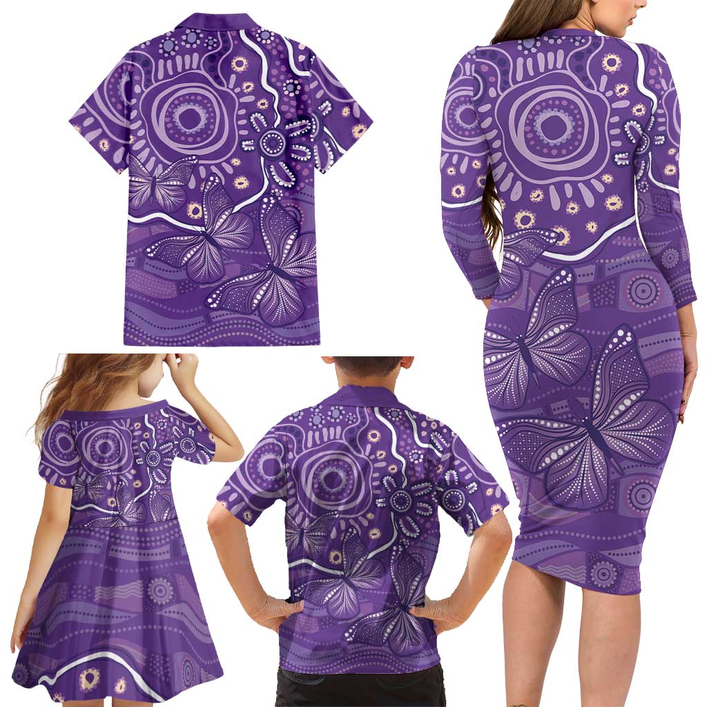 Australia Lupus Awareness Indigenous Family Matching Long Sleeve Bodycon Dress and Hawaiian Shirt Purple Ribbon Aboriginal Butterflies