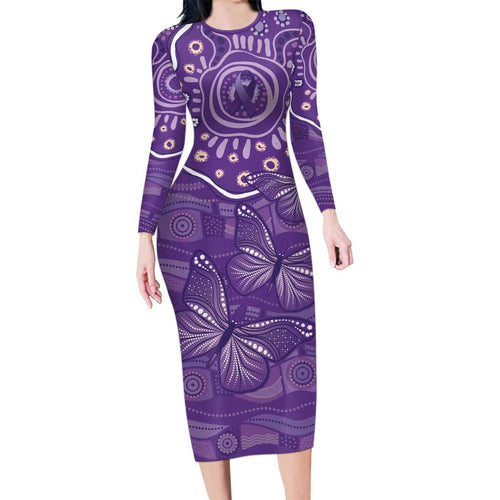 Australia Lupus Awareness Indigenous Family Matching Long Sleeve Bodycon Dress and Hawaiian Shirt Purple Ribbon Aboriginal Butterflies