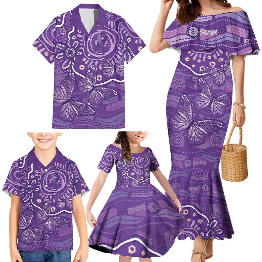 Australia Lupus Awareness Indigenous Family Matching Mermaid Dress and Hawaiian Shirt Purple Ribbon Aboriginal Butterflies