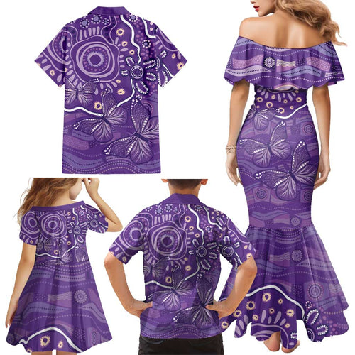Australia Lupus Awareness Indigenous Family Matching Mermaid Dress and Hawaiian Shirt Purple Ribbon Aboriginal Butterflies