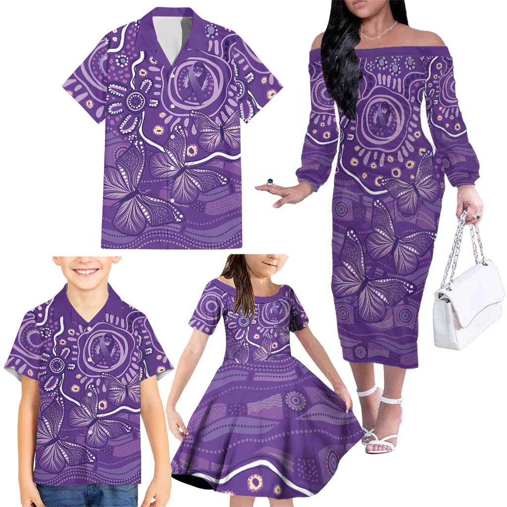 Australia Lupus Awareness Indigenous Family Matching Off The Shoulder Long Sleeve Dress and Hawaiian Shirt Purple Ribbon Aboriginal Butterflies