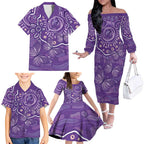 Australia Lupus Awareness Indigenous Family Matching Off The Shoulder Long Sleeve Dress and Hawaiian Shirt Purple Ribbon Aboriginal Butterflies