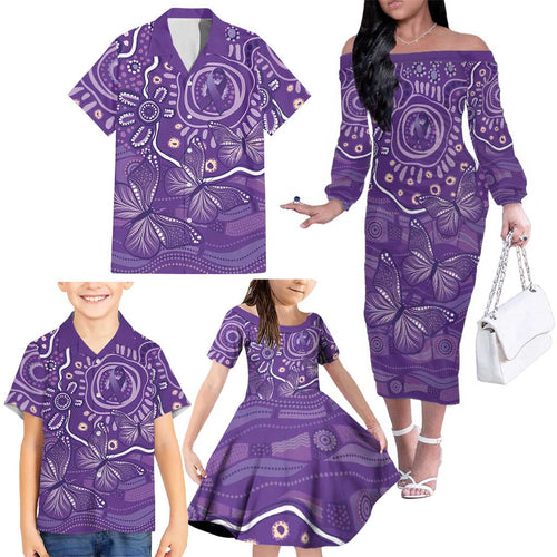 Australia Lupus Awareness Indigenous Family Matching Off The Shoulder Long Sleeve Dress and Hawaiian Shirt Purple Ribbon Aboriginal Butterflies