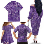 Australia Lupus Awareness Indigenous Family Matching Off The Shoulder Long Sleeve Dress and Hawaiian Shirt Purple Ribbon Aboriginal Butterflies