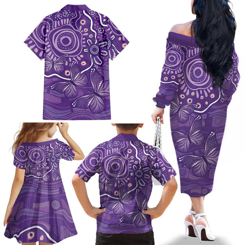 Australia Lupus Awareness Indigenous Family Matching Off The Shoulder Long Sleeve Dress and Hawaiian Shirt Purple Ribbon Aboriginal Butterflies