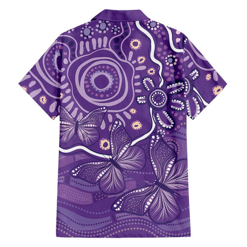 Australia Lupus Awareness Indigenous Family Matching Off The Shoulder Long Sleeve Dress and Hawaiian Shirt Purple Ribbon Aboriginal Butterflies