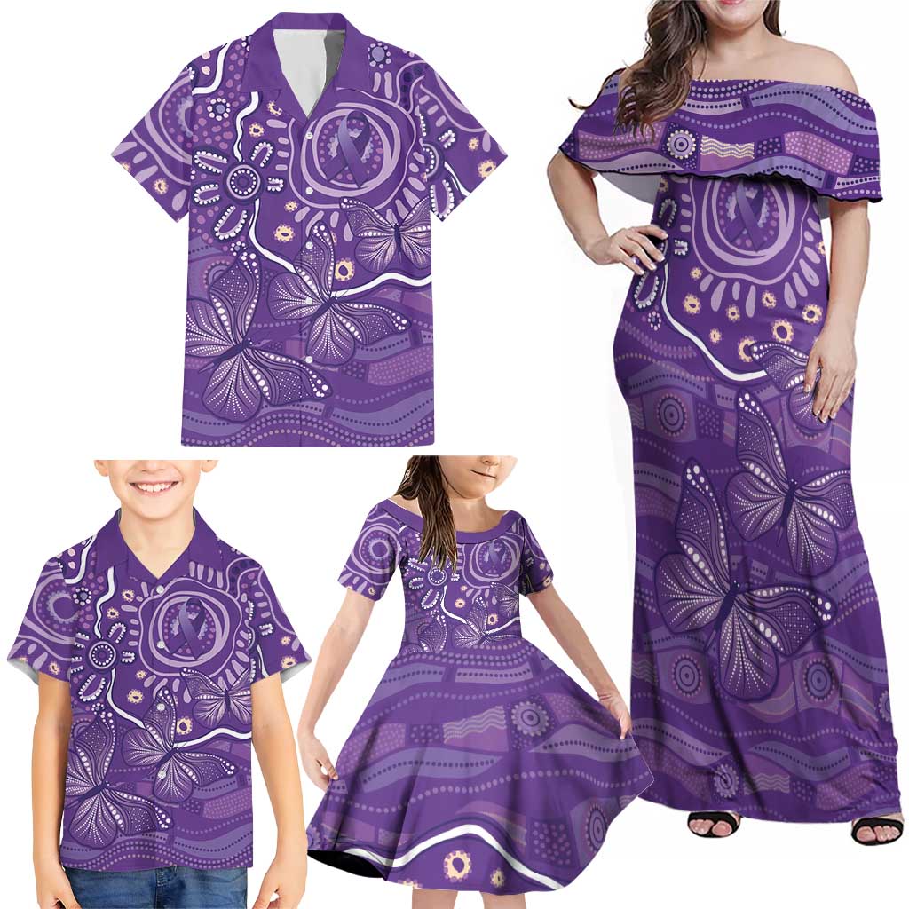 Australia Lupus Awareness Indigenous Family Matching Off Shoulder Maxi Dress and Hawaiian Shirt Purple Ribbon Aboriginal Butterflies