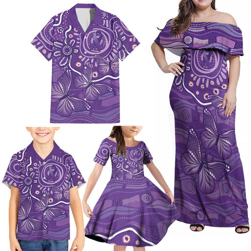 Australia Lupus Awareness Indigenous Family Matching Off Shoulder Maxi Dress and Hawaiian Shirt Purple Ribbon Aboriginal Butterflies