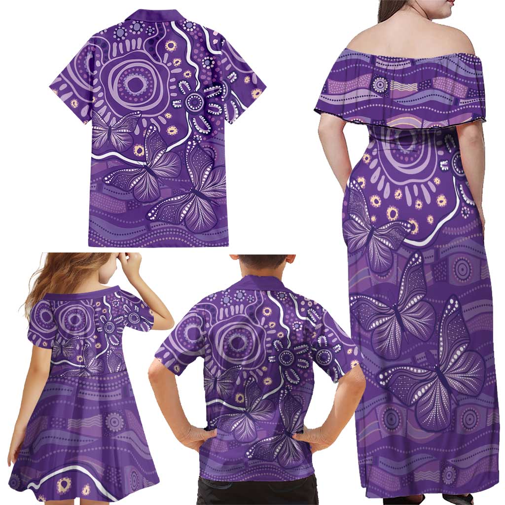 Australia Lupus Awareness Indigenous Family Matching Off Shoulder Maxi Dress and Hawaiian Shirt Purple Ribbon Aboriginal Butterflies