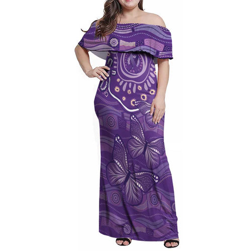 Australia Lupus Awareness Indigenous Family Matching Off Shoulder Maxi Dress and Hawaiian Shirt Purple Ribbon Aboriginal Butterflies