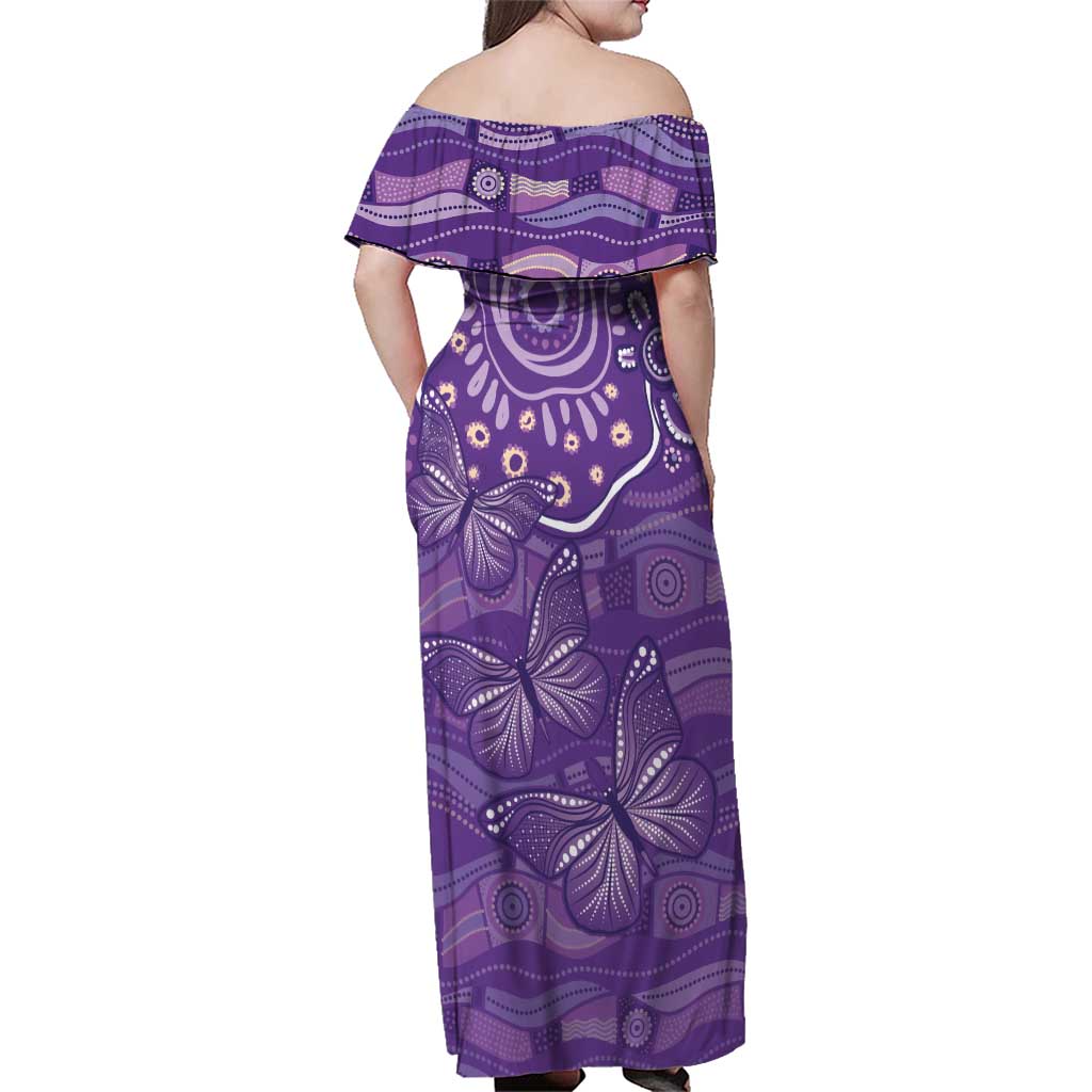 Australia Lupus Awareness Indigenous Family Matching Off Shoulder Maxi Dress and Hawaiian Shirt Purple Ribbon Aboriginal Butterflies