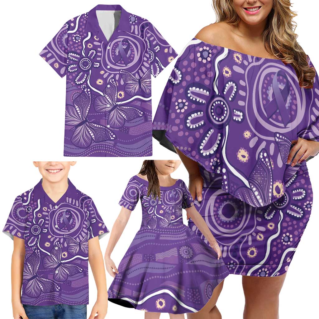 Australia Lupus Awareness Indigenous Family Matching Off Shoulder Short Dress and Hawaiian Shirt Purple Ribbon Aboriginal Butterflies