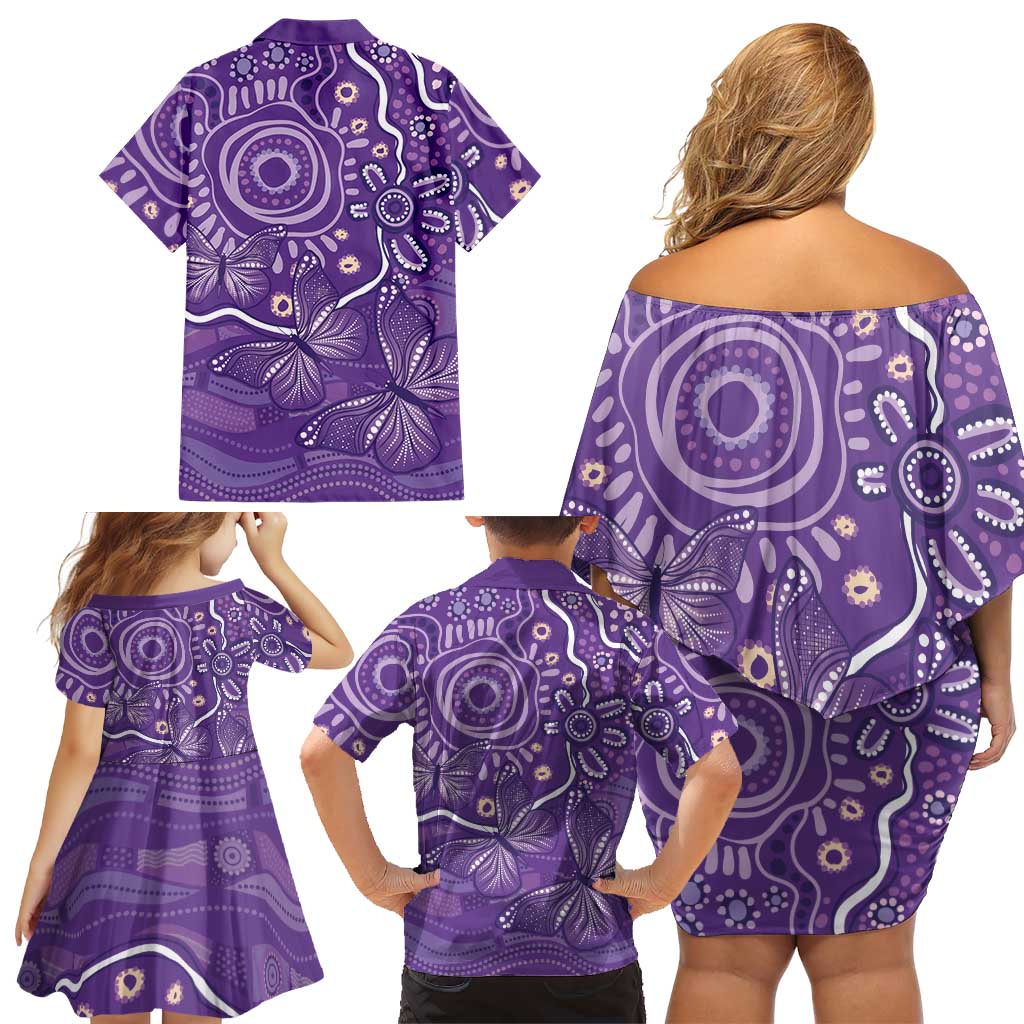 Australia Lupus Awareness Indigenous Family Matching Off Shoulder Short Dress and Hawaiian Shirt Purple Ribbon Aboriginal Butterflies