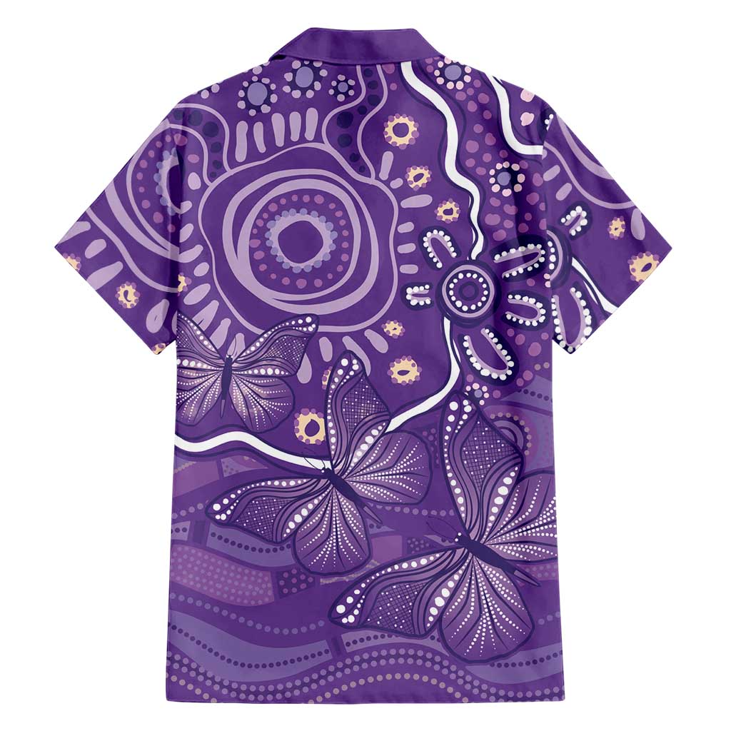 Australia Lupus Awareness Indigenous Family Matching Off Shoulder Short Dress and Hawaiian Shirt Purple Ribbon Aboriginal Butterflies