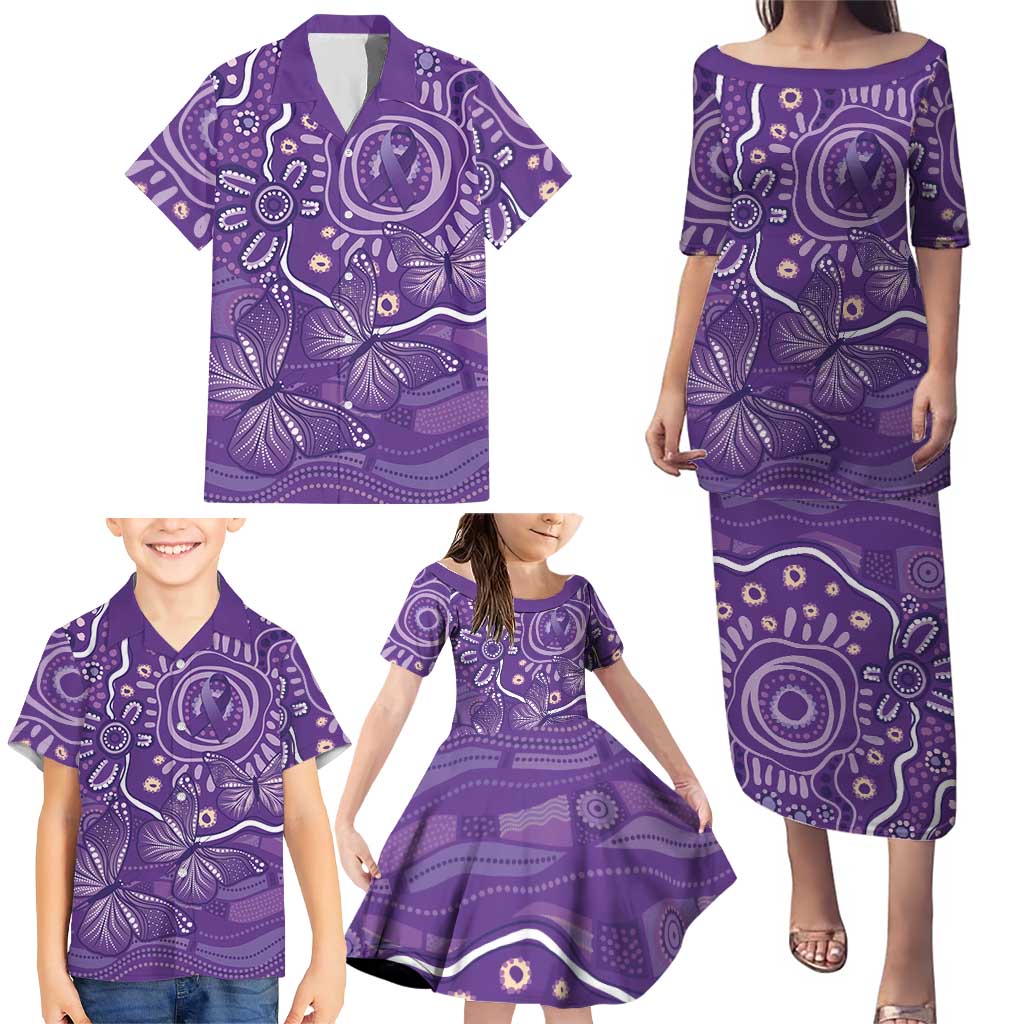 Australia Lupus Awareness Indigenous Family Matching Puletasi and Hawaiian Shirt Purple Ribbon Aboriginal Butterflies