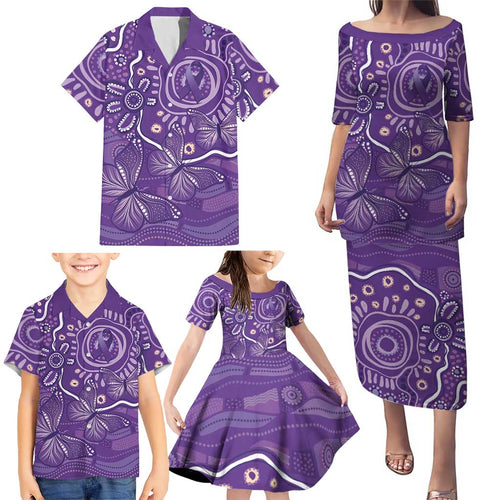 Australia Lupus Awareness Indigenous Family Matching Puletasi and Hawaiian Shirt Purple Ribbon Aboriginal Butterflies